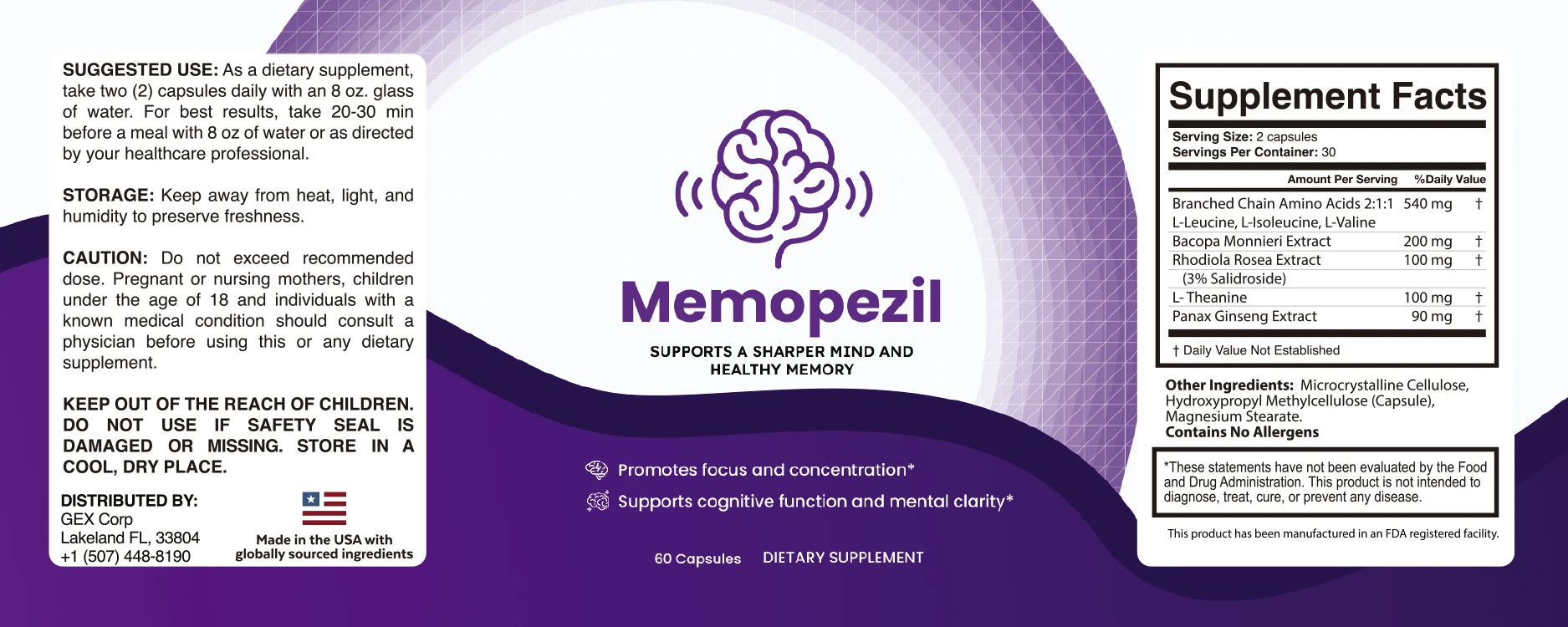 Memopezil bottle label and Supplement Facts panel